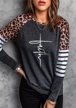 Leopard Striped Long Sleeve T-Shirt Tee Without Necklace - Dark Grey