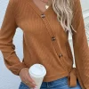 Side Button V-Neck Long Sleeve Sweater - Brown