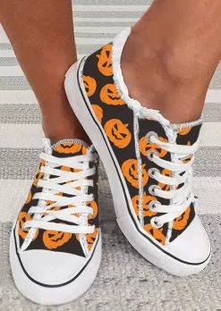 Halloween Pumpkin Face Round Toe Flat Sneakers - Black