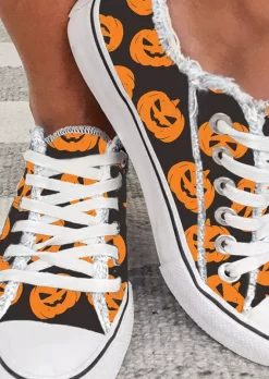 Halloween Pumpkin Face Round Toe Flat Sneakers - Black -Garment Sale Store SCM005129 2 81619369641597 124