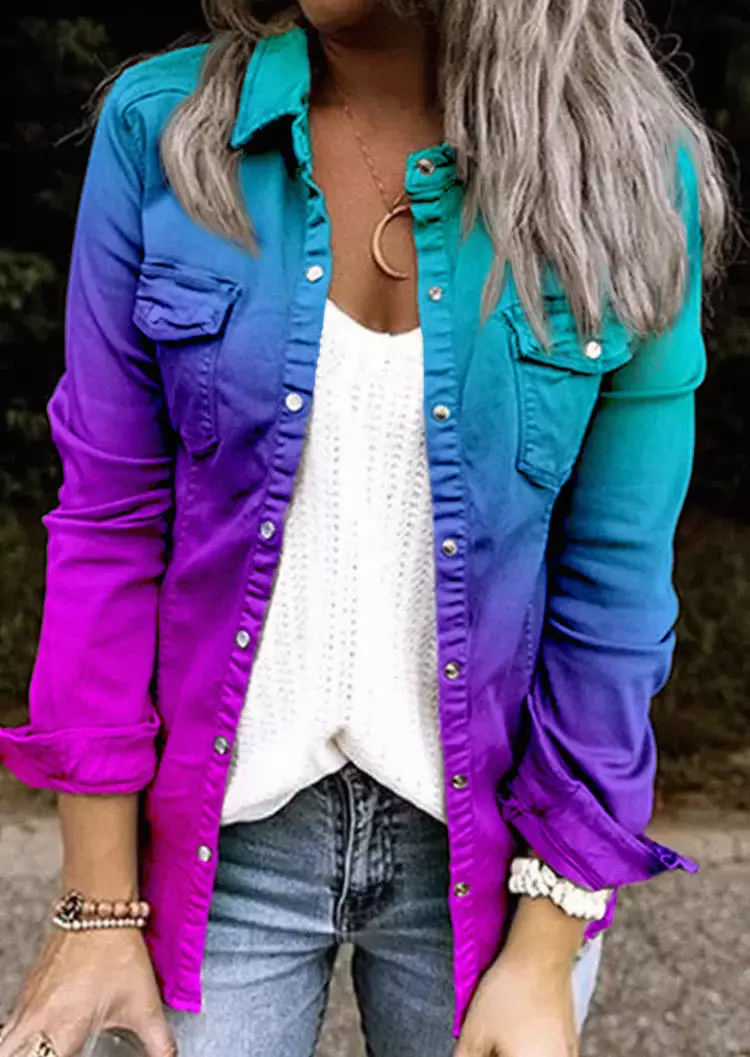 Gradient Snap Button Pocket Ruffled Long Sleeve Jacket 3 Gradient Snap Button Pocket Ruffled Long Sleeve Jacket