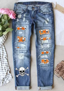 Halloween Skeleton Ripped Denim Pants - Blue