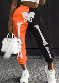 Halloween Color Block Skeleton Pocket Sweatpants