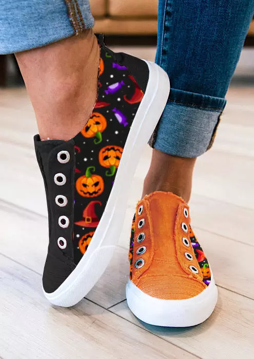 Halloween Pumpkin Face Slip On Flat Sneakers 3 Halloween Pumpkin Face Slip On Flat Sneakers