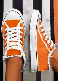 Frayed Lace Up Flat Canvas Sneakers - Orange -Garment Sale Store SCM005608 2 81683721162092 124