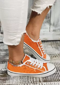 Frayed Lace Up Flat Canvas Sneakers - Orange -Garment Sale Store SCM005608 2 81683721198424 124