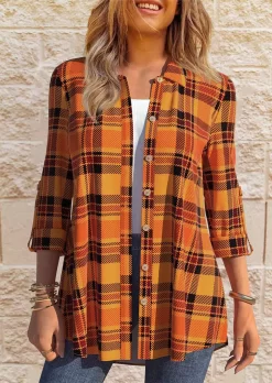 Plaid Button Tab-Sleeve Shirt - Orange 6 Plaid Button Tab-Sleeve Shirt - Orange -Garment Sale Store SCM005610 2 81710758093545 124
