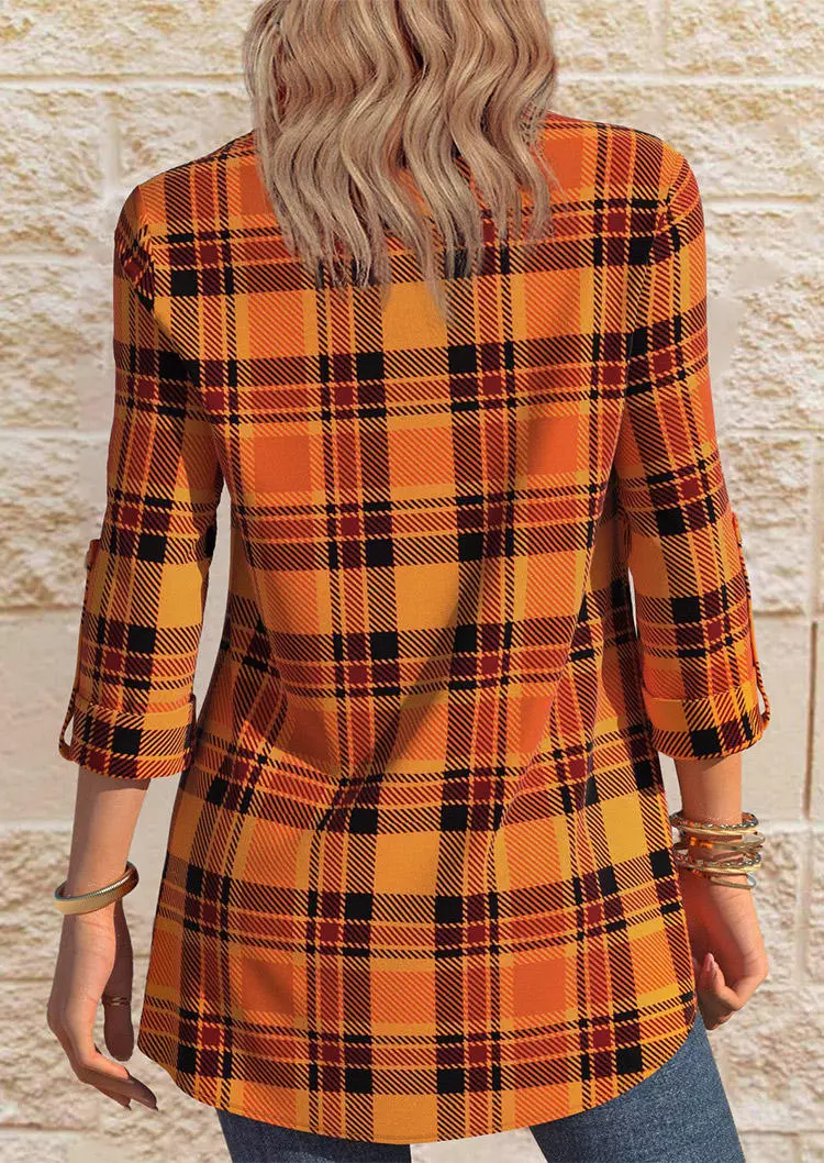 Plaid Button Tab-Sleeve Shirt - Orange 5 Plaid Button Tab-Sleeve Shirt - Orange - Image 3