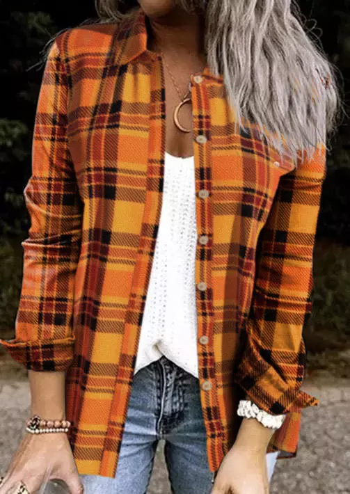 Plaid Button Tab-Sleeve Shirt - Orange 3 Plaid Button Tab-Sleeve Shirt - Orange