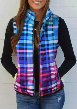 Gradient Plaid Pocket Zipper Vest Coat