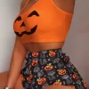 Halloween Pumpkin Face Camisole And Cat Shorts Pajamas Set - Orange -Garment Sale Store SCM006180 1 90554790672698 124