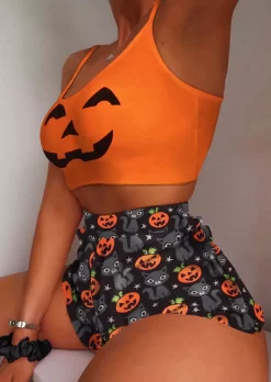 Halloween Pumpkin Face Camisole And Cat Shorts Pajamas Set - Orange