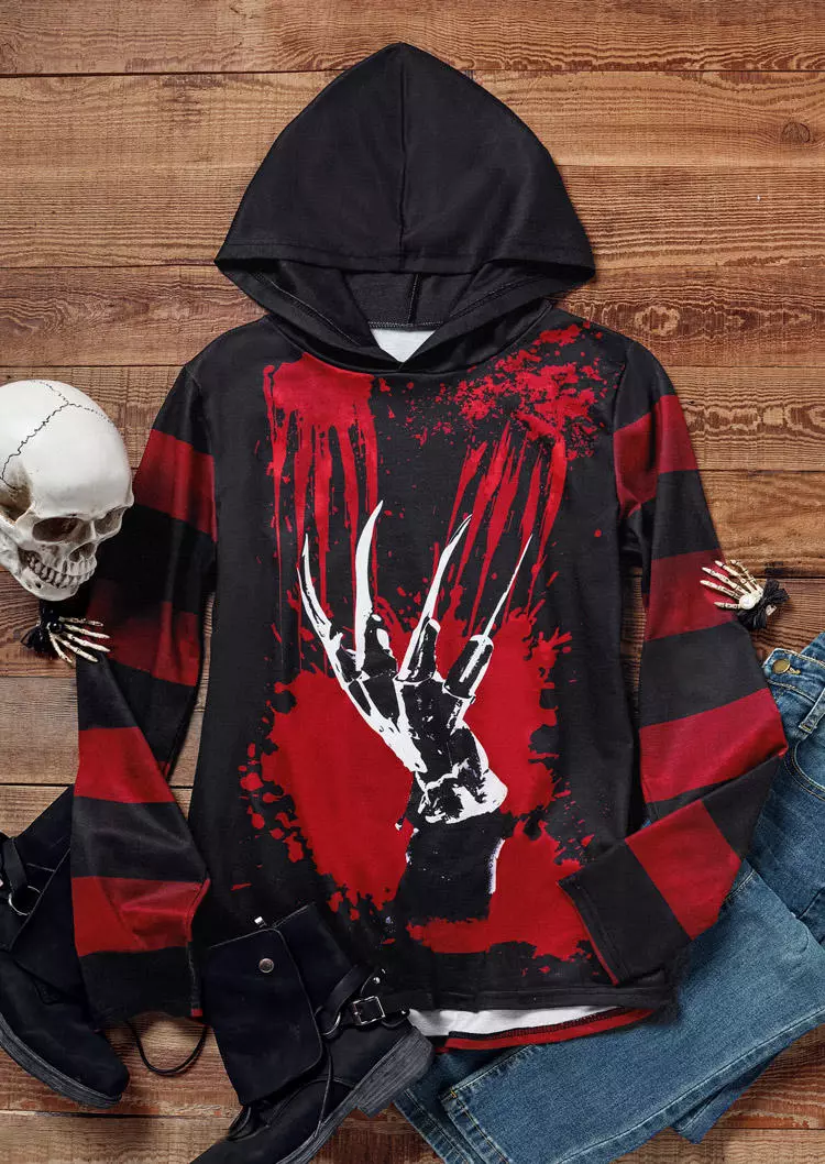 Halloween Skeleton Hand Color-Blocked Raglan Sleeve Hoodie 4 Halloween Skeleton Hand Color-Blocked Raglan Sleeve Hoodie - Image 2