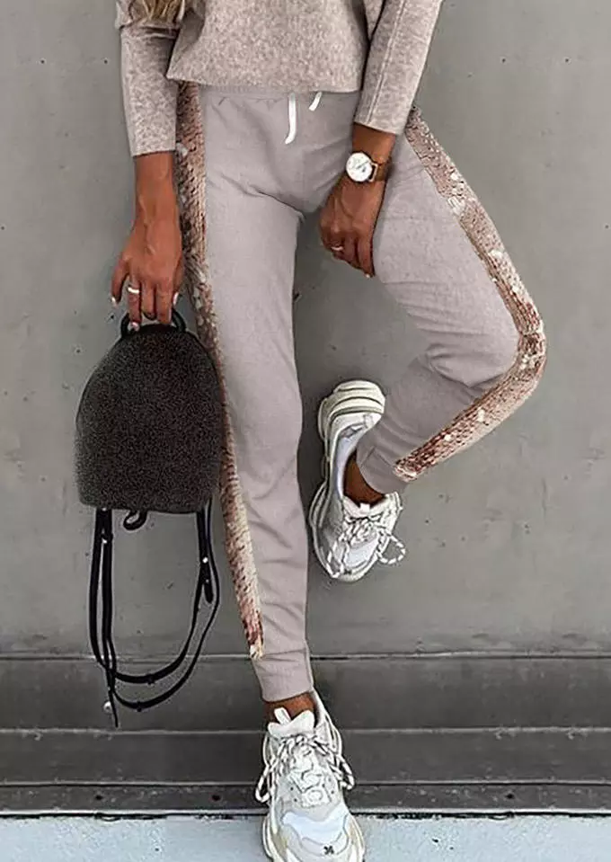 Sequined Drawstring Casual Pants - Khaki 3 Sequined Drawstring Casual Pants - Khaki