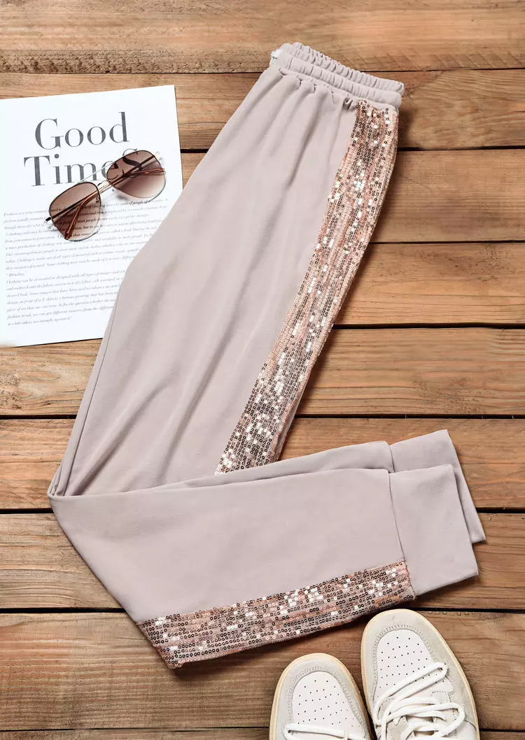 Sequined Drawstring Casual Pants - Khaki 5 Sequined Drawstring Casual Pants - Khaki - Image 3