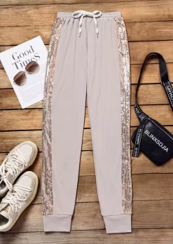 Sequined Drawstring Casual Pants - Khaki 9 Sequined Drawstring Casual Pants - Khaki -Garment Sale Store SCM006937 1 92686261437726 124