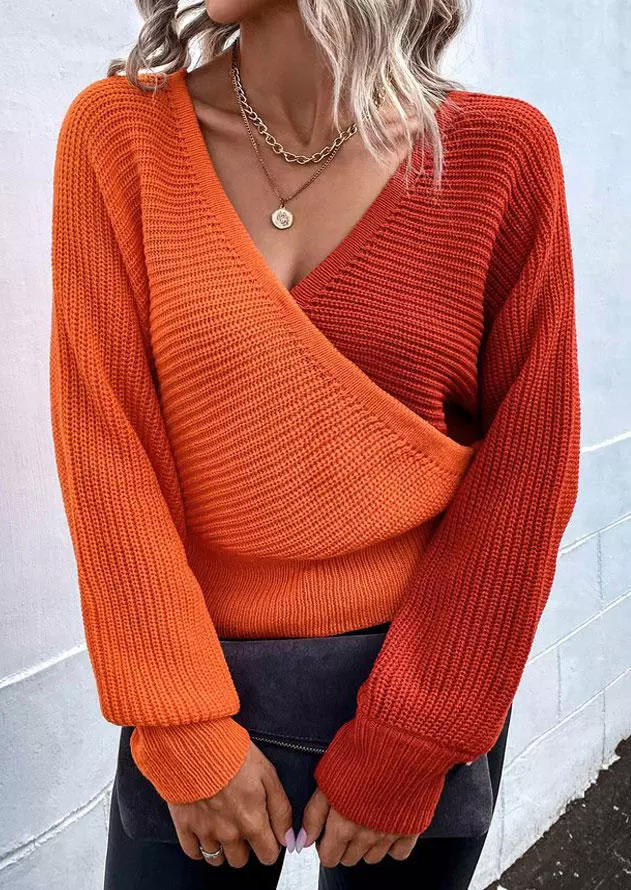 Color Block Long Sleeve Wrap V-Neck Sweater 3 Color Block Long Sleeve Wrap V-Neck Sweater
