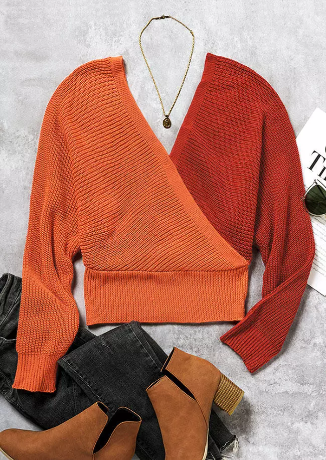Color Block Long Sleeve Wrap V-Neck Sweater 5 Color Block Long Sleeve Wrap V-Neck Sweater - Image 3