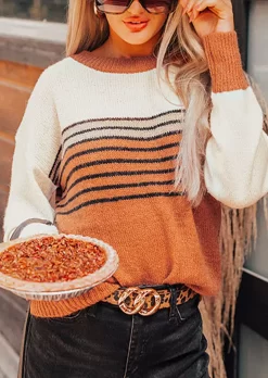 Striped Color Block Long Sleeve Sweater -Garment Sale Store SCM007156 1 A2130417820429 124