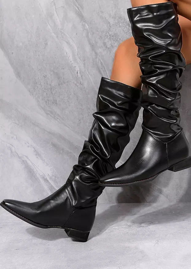 Knee-High Low-heeled PU Leather Boots - Black 4 Knee-High Low-heeled PU Leather Boots - Black - Image 2