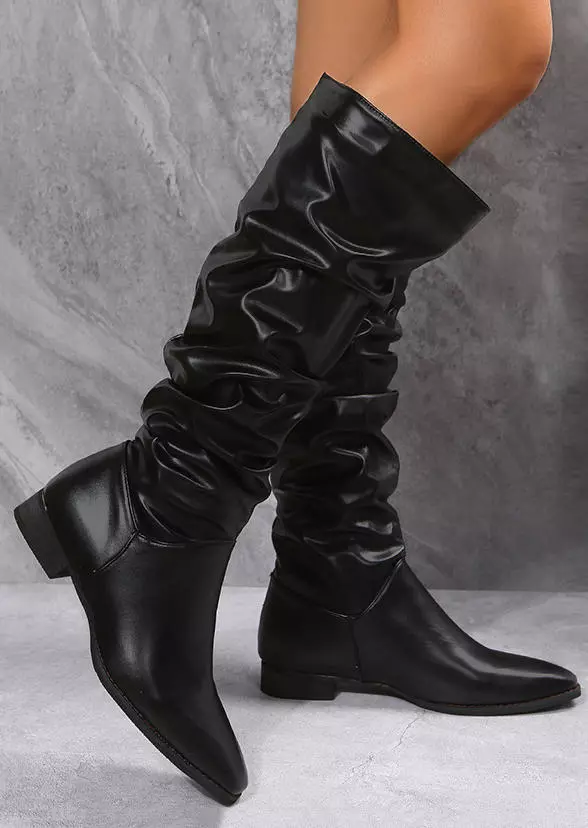 Knee-High Low-heeled PU Leather Boots - Black 7 Knee-High Low-heeled PU Leather Boots - Black - Image 5