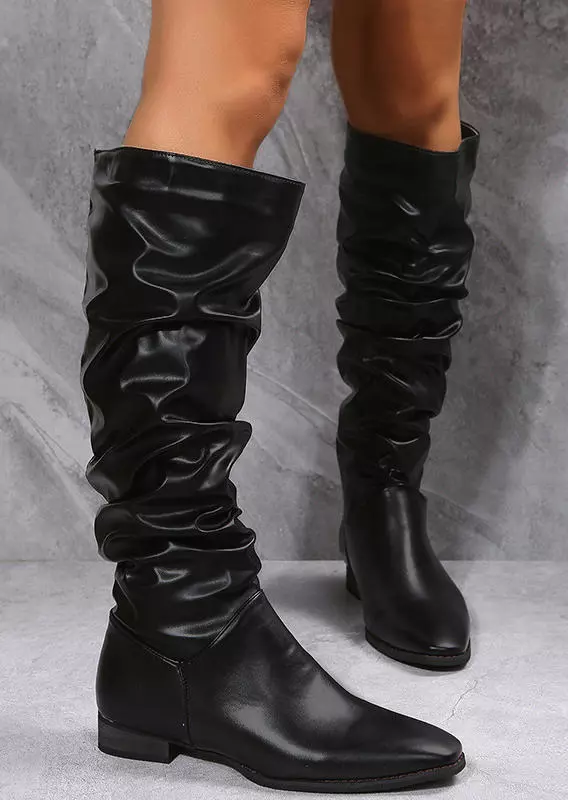 Knee-High Low-heeled PU Leather Boots - Black 8 Knee-High Low-heeled PU Leather Boots - Black - Image 6