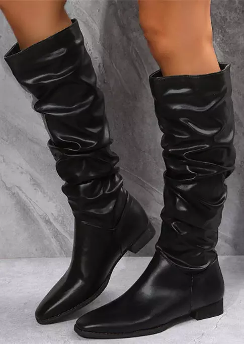 Knee-High Low-heeled PU Leather Boots - Black 3 Knee-High Low-heeled PU Leather Boots - Black