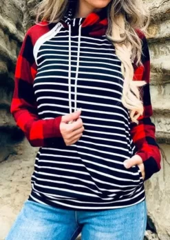 Buffalo Plaid Striped Zipper Pocket Hoodie