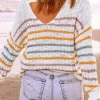 Colorful Striped Open Back Sweater - White -Garment Sale Store SCM007533 1 92809117457119 124
