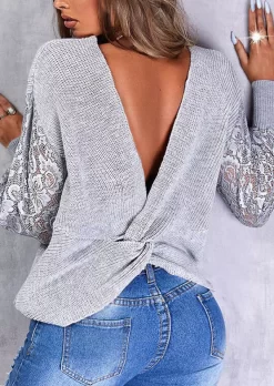 Lace Splicing Twist Open Back Sweater - Light Grey