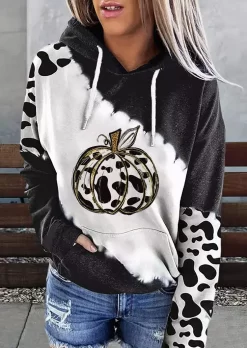 Cow Pumpkin Drawstring Kangaroo Pocket Hoodie - Black