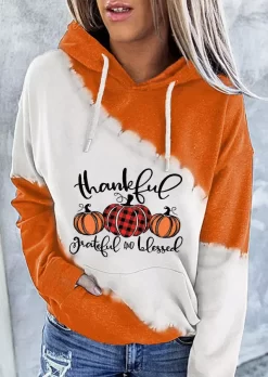 Thankful Grateful And Blessed Pumpkin Plaid Color Block Hoodie - Orange