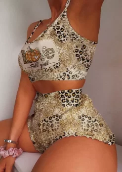 Fall Y'all Leopard Glitter Pumpkin Crop Camisole And Shorts Pajamas Set