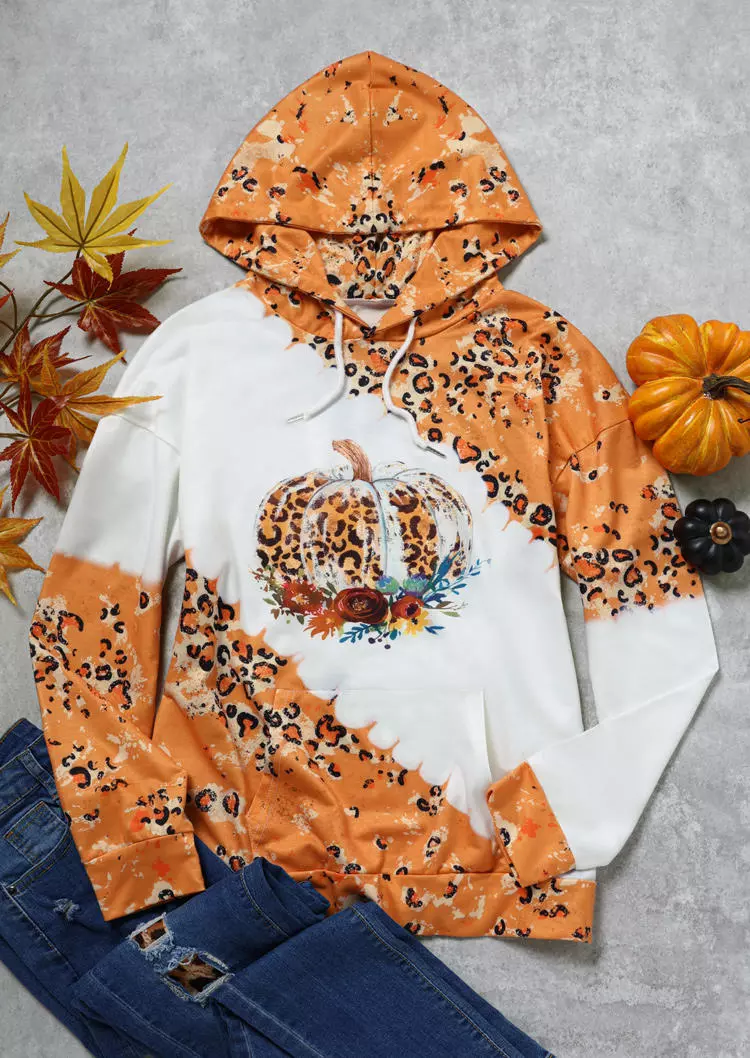 Pumpkin Leopard Drawstring Kangaroo Pocket Hoodie - Orange 4 Pumpkin Leopard Drawstring Kangaroo Pocket Hoodie - Orange - Image 2