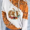 Pumpkin Leopard Drawstring Kangaroo Pocket Hoodie - Orange