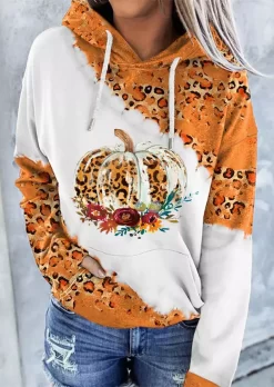 Pumpkin Leopard Drawstring Kangaroo Pocket Hoodie - Orange
