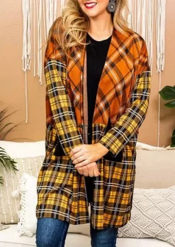 Plaid Pocket Long Sleeve Casual Cardigan - Orange -Garment Sale Store SCM008060 1 A1444298679434 124