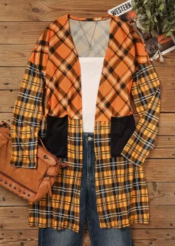 Plaid Pocket Long Sleeve Casual Cardigan - Orange -Garment Sale Store SCM008060 1 A1444298743218 124