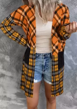 Plaid Pocket Long Sleeve Casual Cardigan - Orange