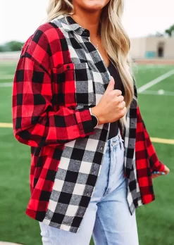 Plaid Color Block Button Pocket Shirt