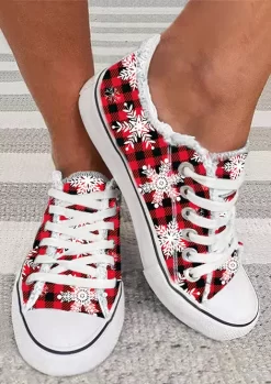 Christmas Snowflake Plaid Flat Sneakers - Red