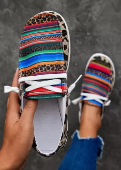 Leopard Serape Striped Round Toe Flat Sneakers 9 Leopard Serape Striped Round Toe Flat Sneakers -Garment Sale Store SCM008513 1 A2042067541147 124