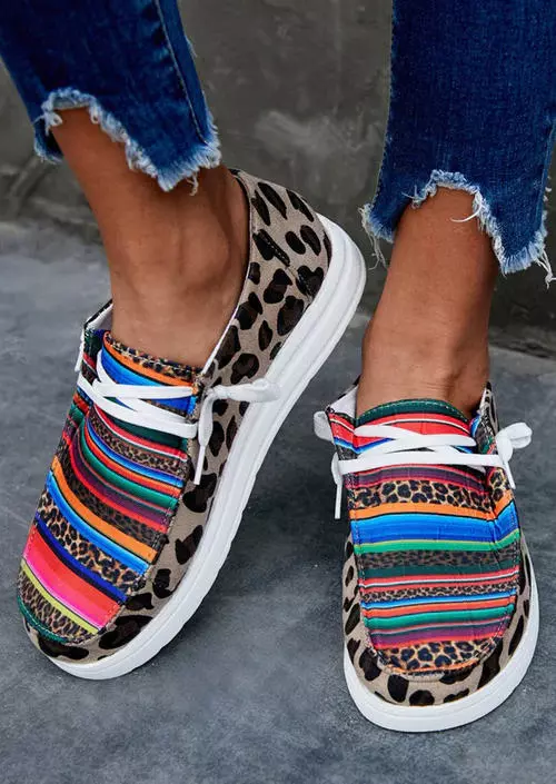 Leopard Serape Striped Round Toe Flat Sneakers 3 Leopard Serape Striped Round Toe Flat Sneakers