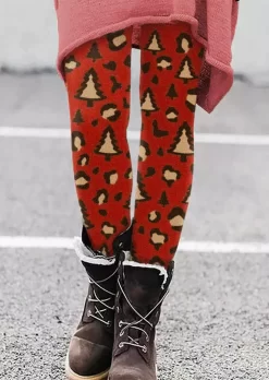 Christmas Tree Elastic Waist Leggings - Red