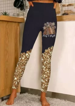 Christmas Merry And Bright Leopard Tree Snowflake Glitter Leggings - Black