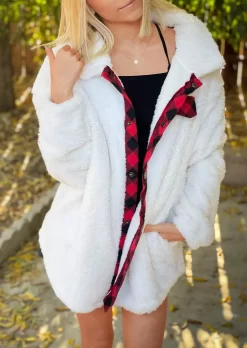 Plaid Button Pocket Plush Thickened Warm Coat - White -Garment Sale Store SCM009234 1 B0188448838601 124