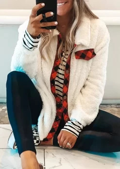 Plaid Button Pocket Plush Thickened Warm Coat - White