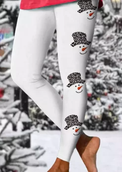 Christmas Snowman Leopard Skinny Leggings - White