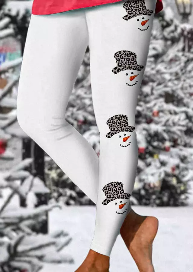 Christmas Snowman Leopard Skinny Leggings - White 3 Christmas Snowman Leopard Skinny Leggings - White