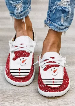 Christmas Snowman Glitter Slip On Flat Canvas Sneakers - Red